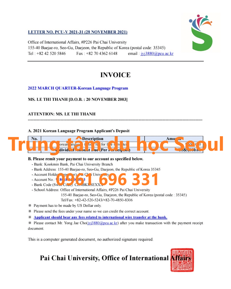 Invoice trường đại học paichai hàn quốc