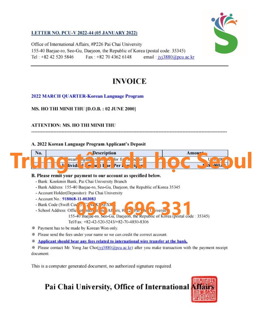 Invoice trường đại học pai chai hàn quốc