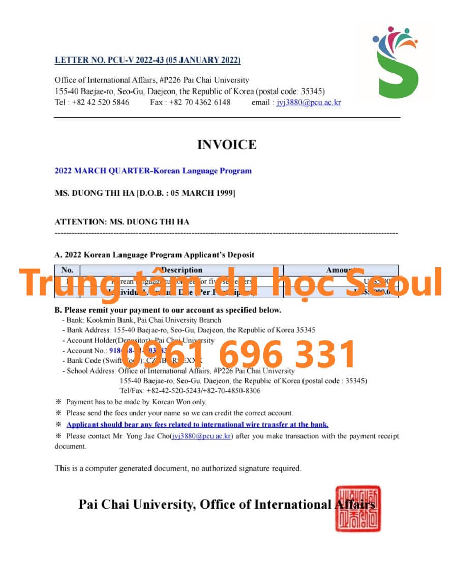 Invoice trường đại học Pai Chai Hàn Quốc