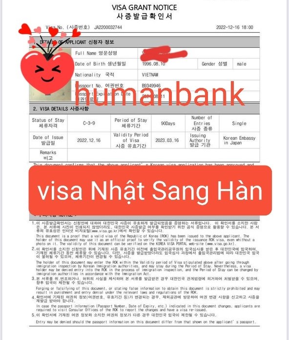 Visa du lịch từ Nhật sang Hàn