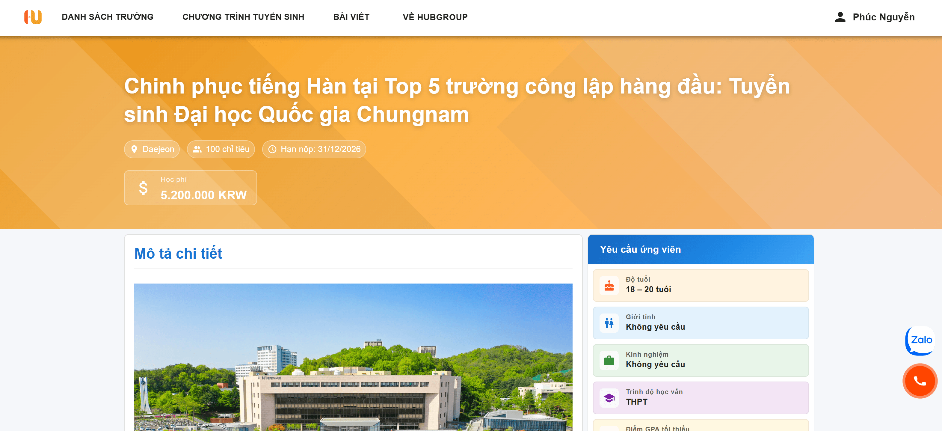 Chi tiết chương trình tuyển sinh du học Hàn Quốc